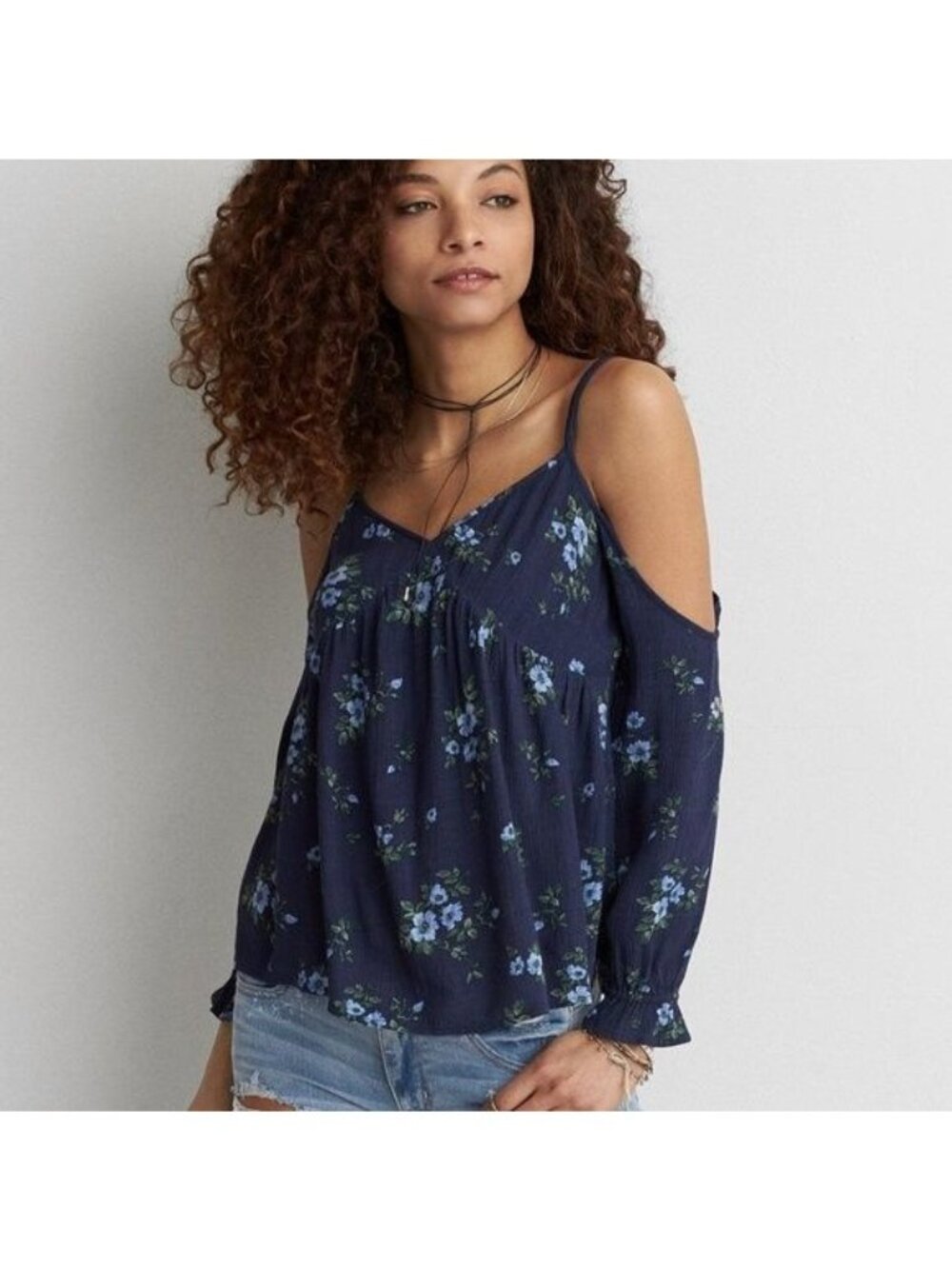 American Eagle Outfitters Floral Navy Cold Shoulder Top S